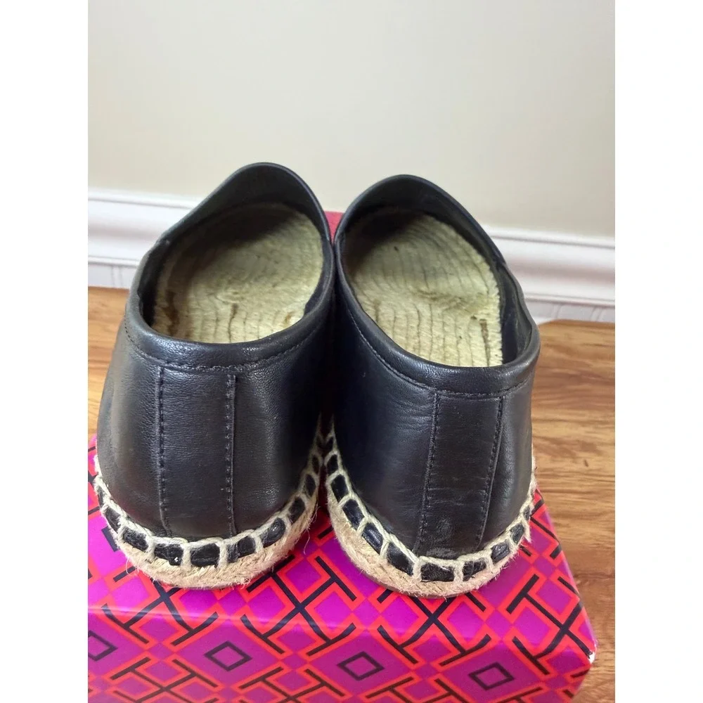 Tory Burch Black Perforated Logo Nappa Leather Espadrille Flats Size 6.5